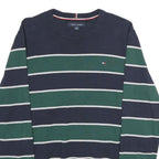 TOMMY HILFIGER Mens Navy & Green Striped Pattern Plain Crew Neck Jumper L Cotton