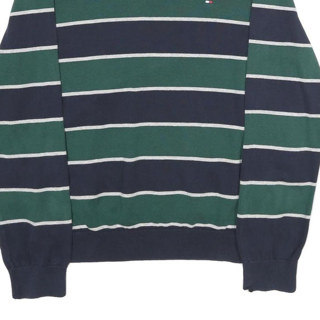 TOMMY HILFIGER Mens Navy & Green Striped Pattern Plain Crew Neck Jumper L Cotton