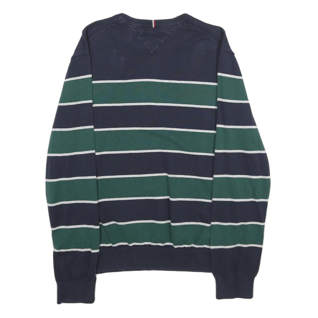 TOMMY HILFIGER Mens Navy & Green Striped Pattern Plain Crew Neck Jumper L Cotton