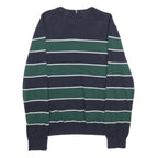 TOMMY HILFIGER Mens Navy & Green Striped Pattern Plain Crew Neck Jumper L Cotton