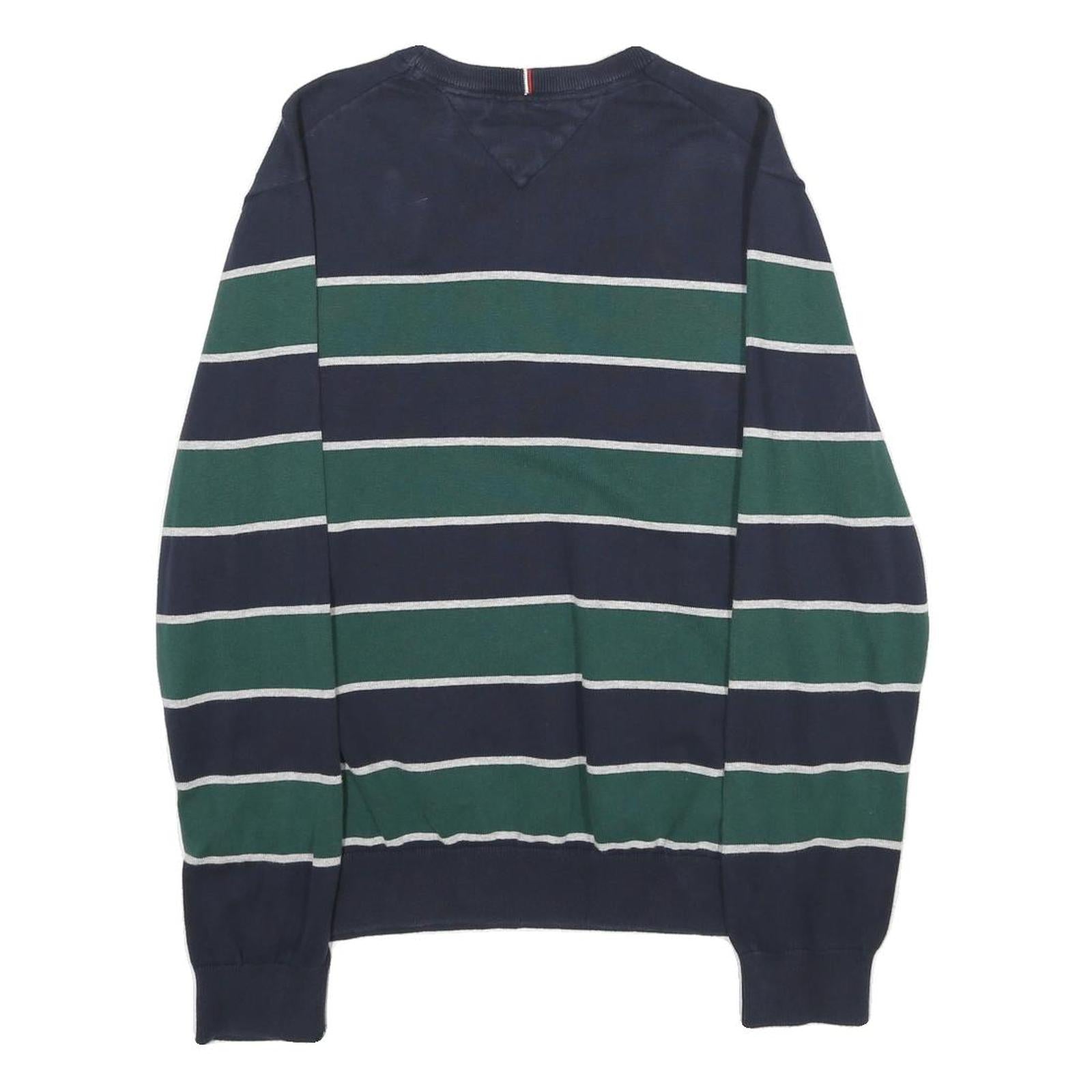 TOMMY HILFIGER Mens Navy & Green Striped Pattern Plain Crew Neck Jumper L Cotton