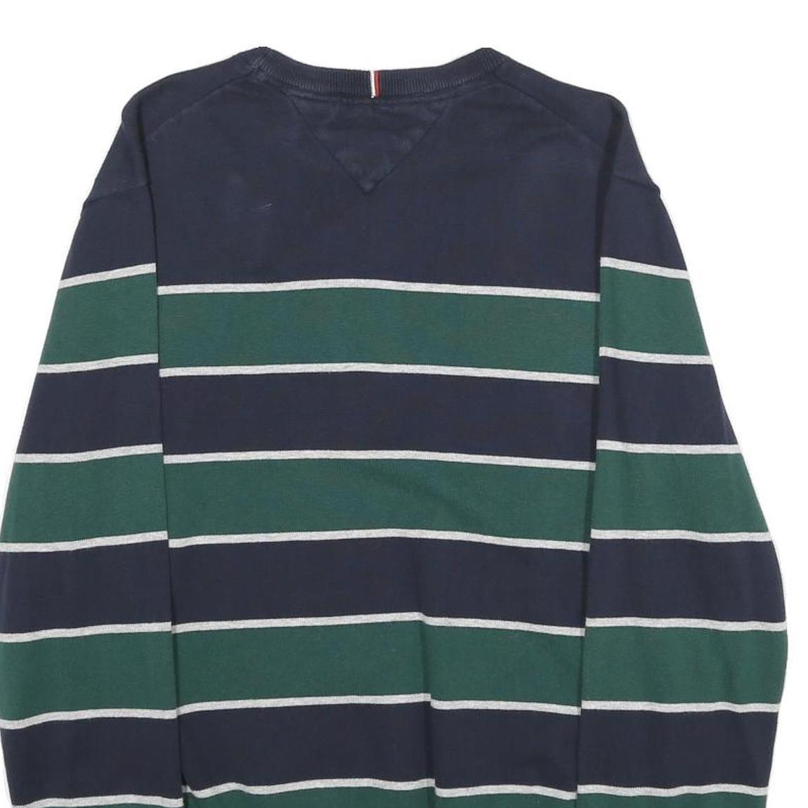 TOMMY HILFIGER Mens Navy & Green Striped Pattern Plain Crew Neck Jumper L Cotton