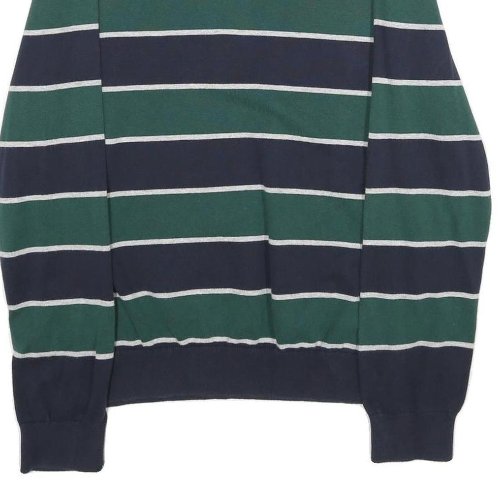TOMMY HILFIGER Mens Navy & Green Striped Pattern Plain Crew Neck Jumper L Cotton