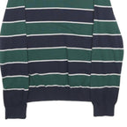 TOMMY HILFIGER Mens Navy & Green Striped Pattern Plain Crew Neck Jumper L Cotton