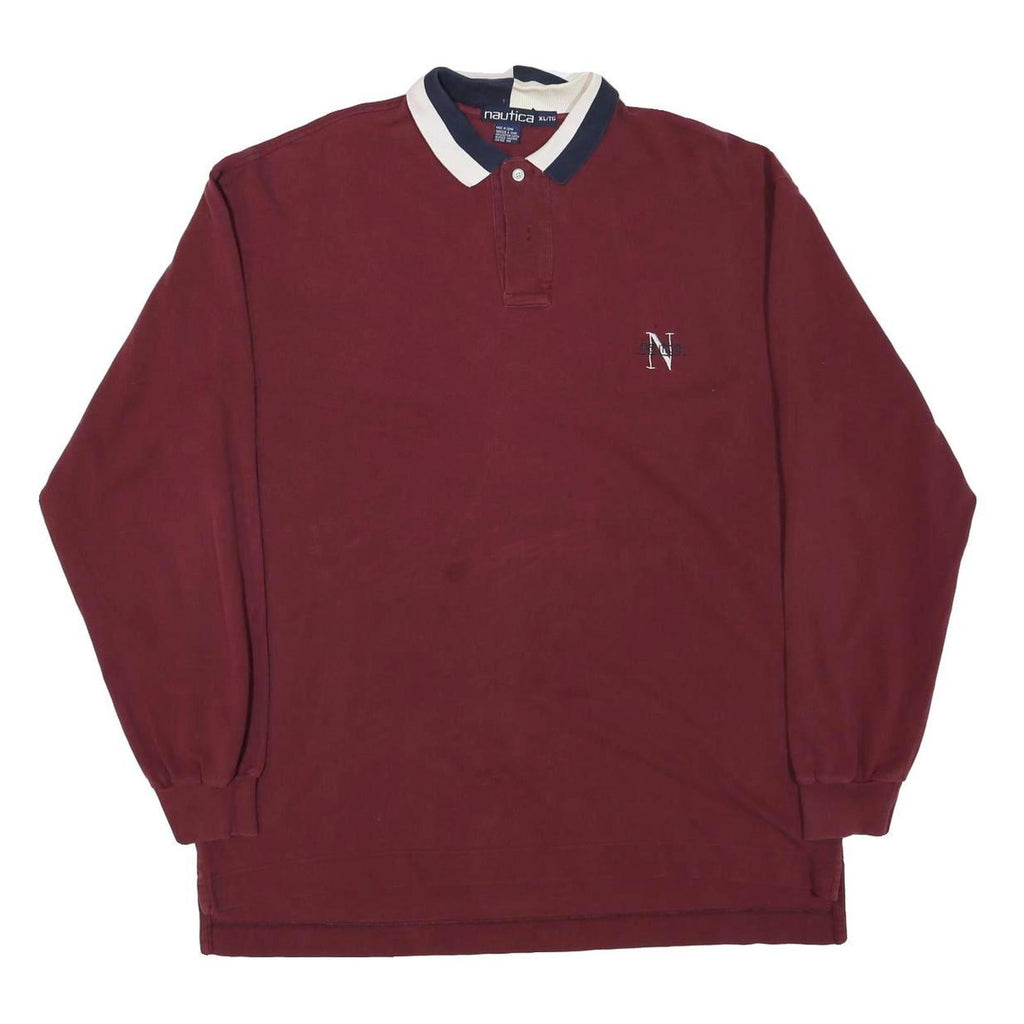 NAUTICA Mens Maroon Long Sleeve Plain XL Cotton Blend Polo Shirt Classic Logo
