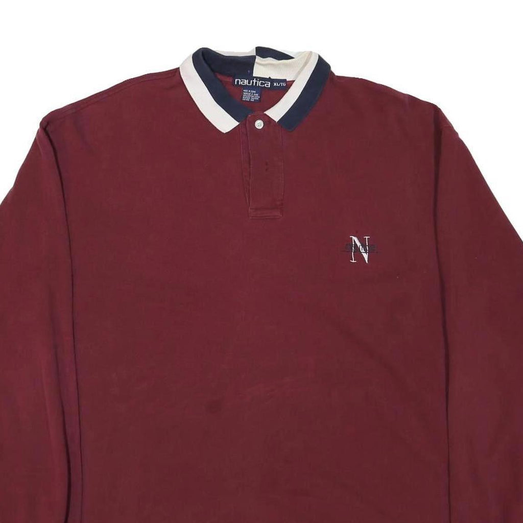NAUTICA Mens Maroon Long Sleeve Plain XL Cotton Blend Polo Shirt Classic Logo