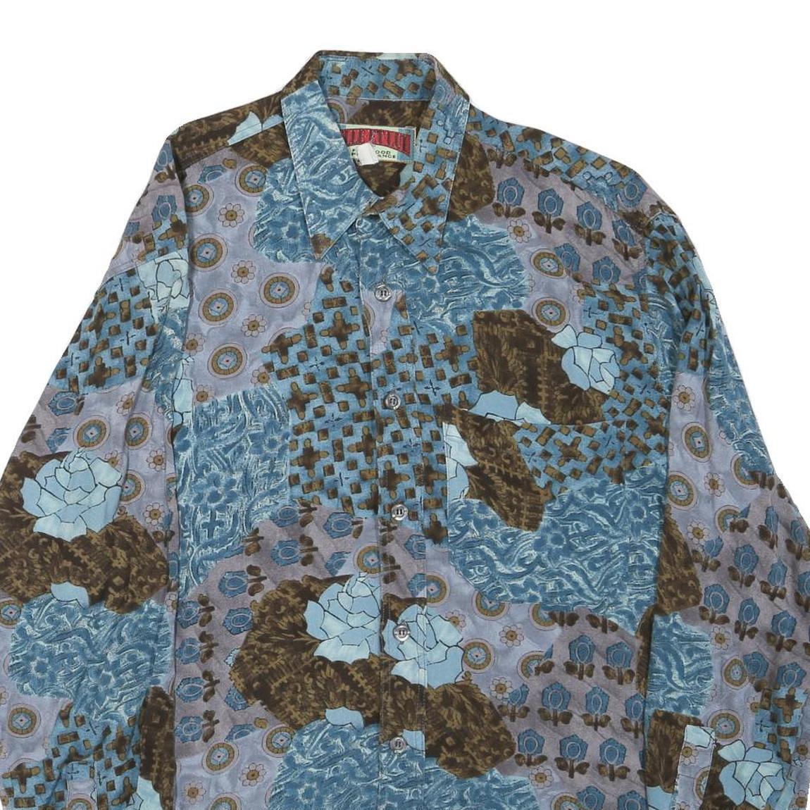 Mens Blue Brown Pattern Cotton Blend Shirt M Casual Long Sleeve Button Closure