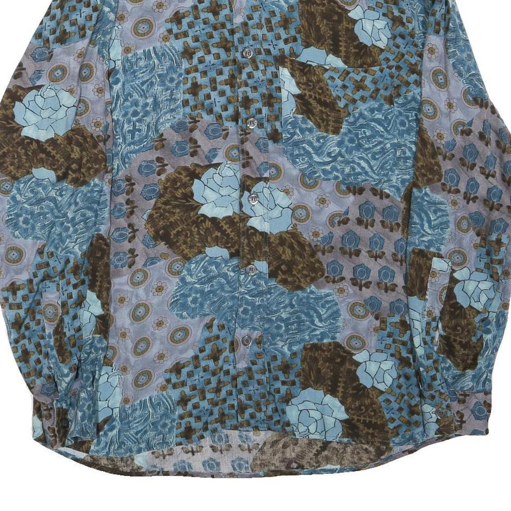 Mens Blue Brown Pattern Cotton Blend Shirt M Casual Long Sleeve Button Closure