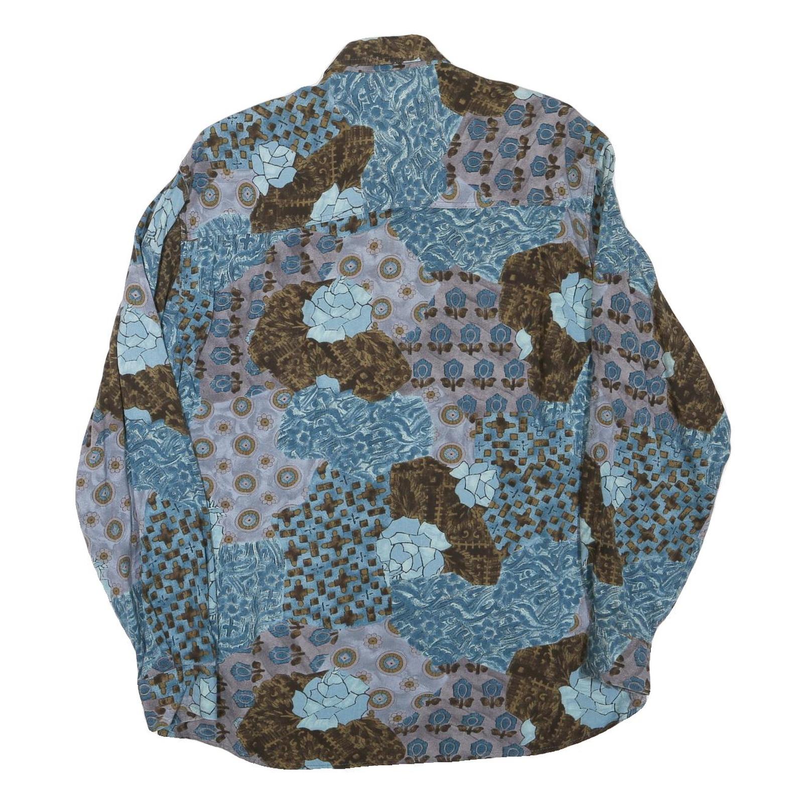 Mens Blue Brown Pattern Cotton Blend Shirt M Casual Long Sleeve Button Closure