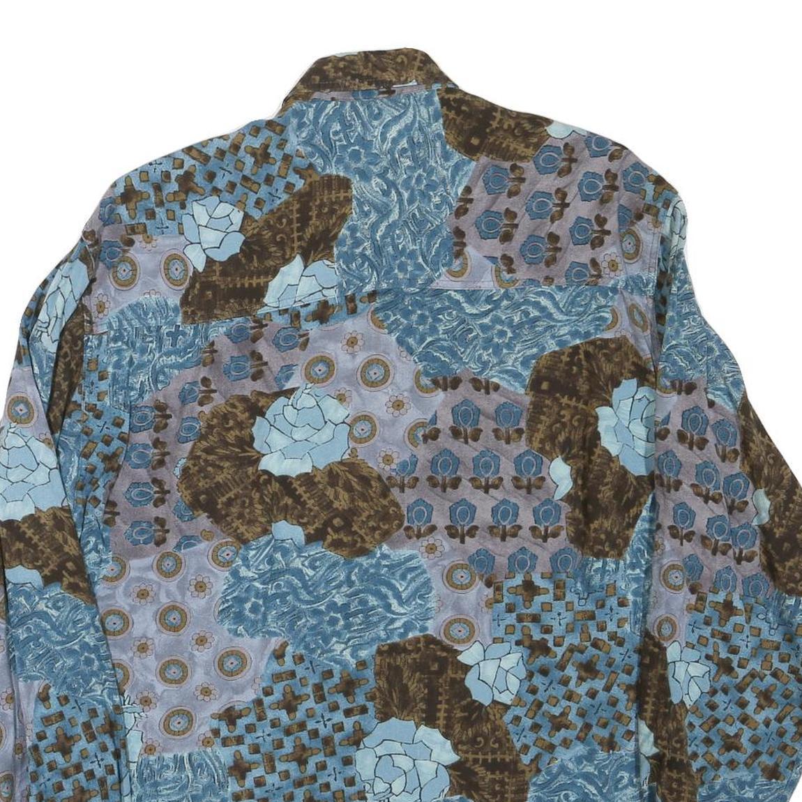 Mens Blue Brown Pattern Cotton Blend Shirt M Casual Long Sleeve Button Closure