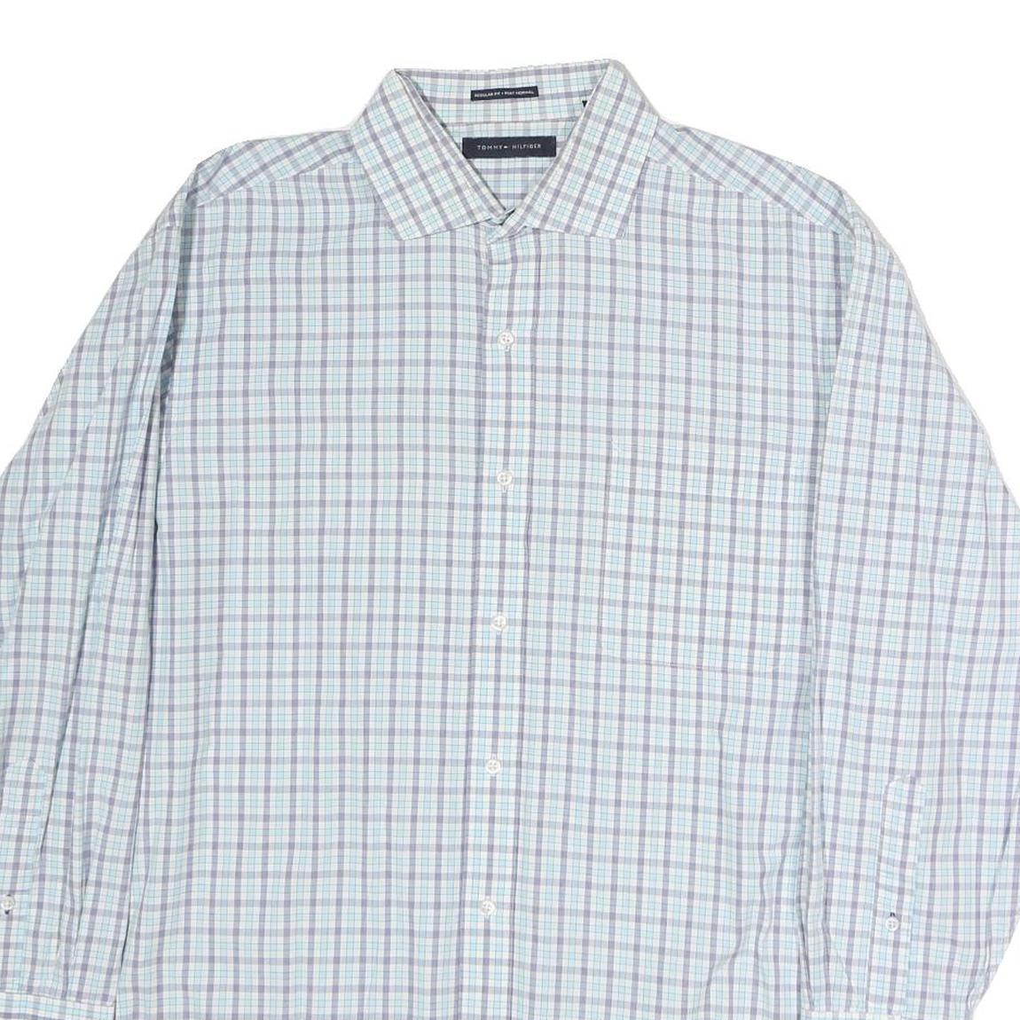 TOMMY HILFIGER Mens Blue & Green Checked Shirt XL Classic Cotton Long Sleeve