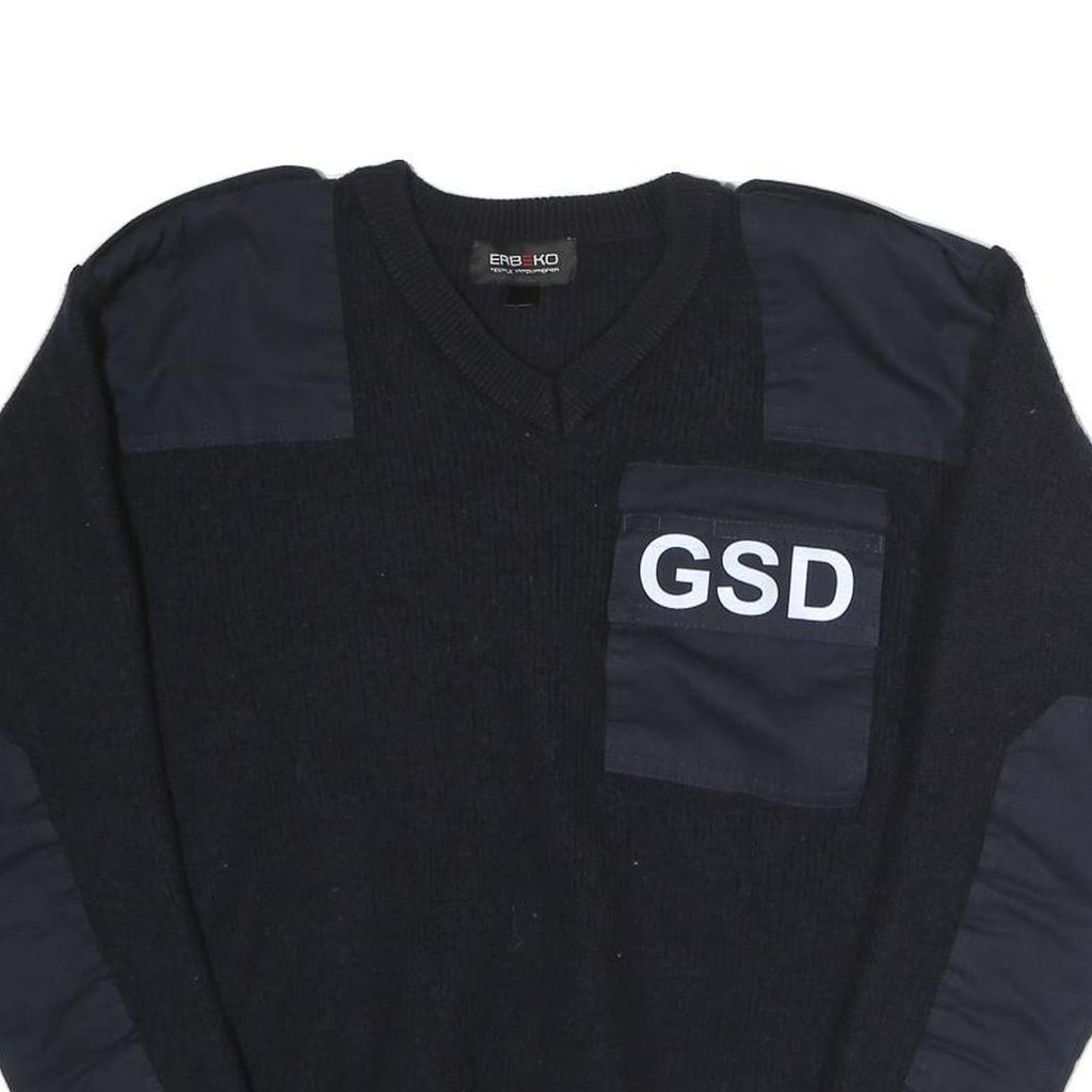 ERBEKO Mens Black Contrast Patch Crew Neck Basic Knit Jumper L Cotton Comfort