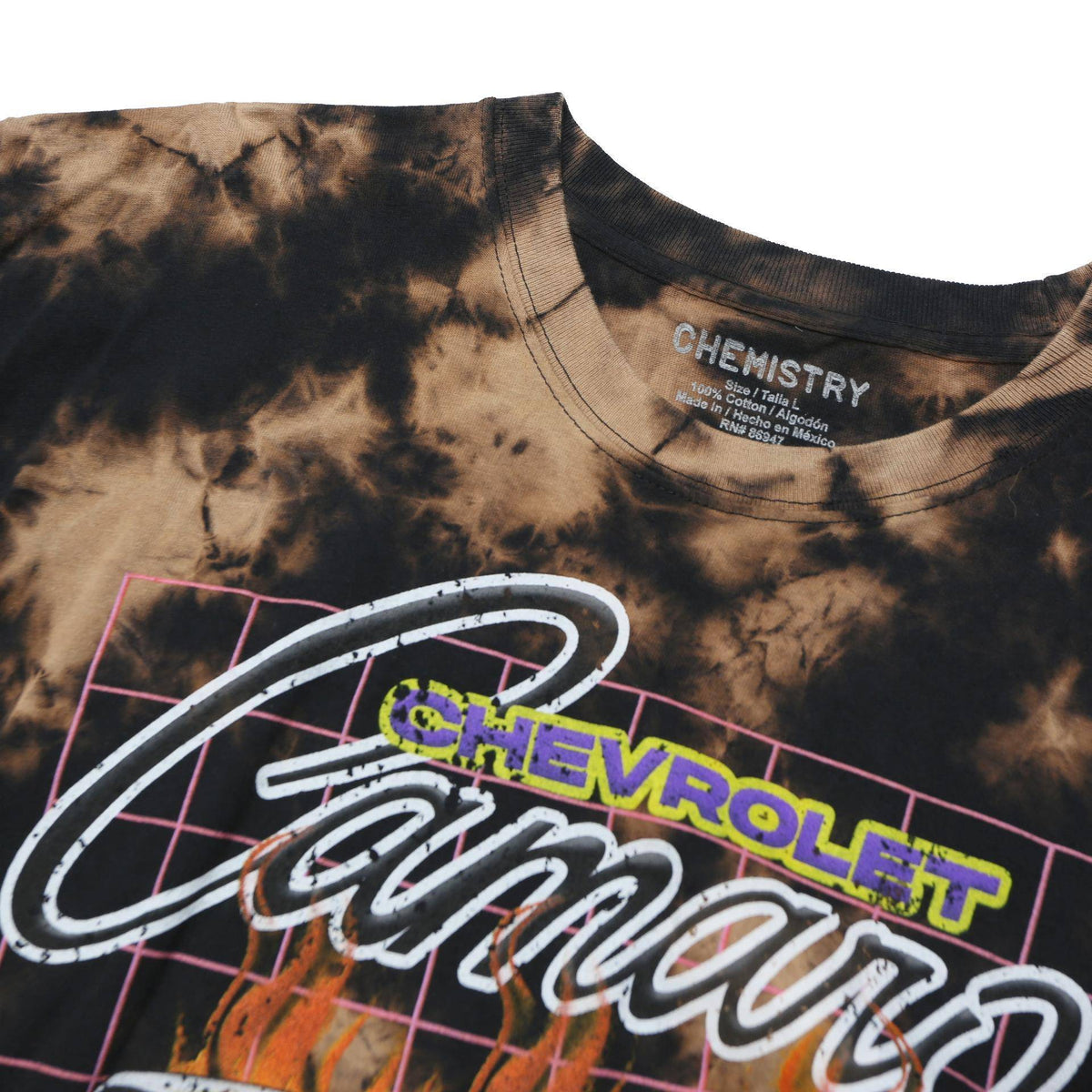 CHEMISTRY Mens Black & Brown Tie Dye Chevrolet Camaro Graphic T-Shirt L Short