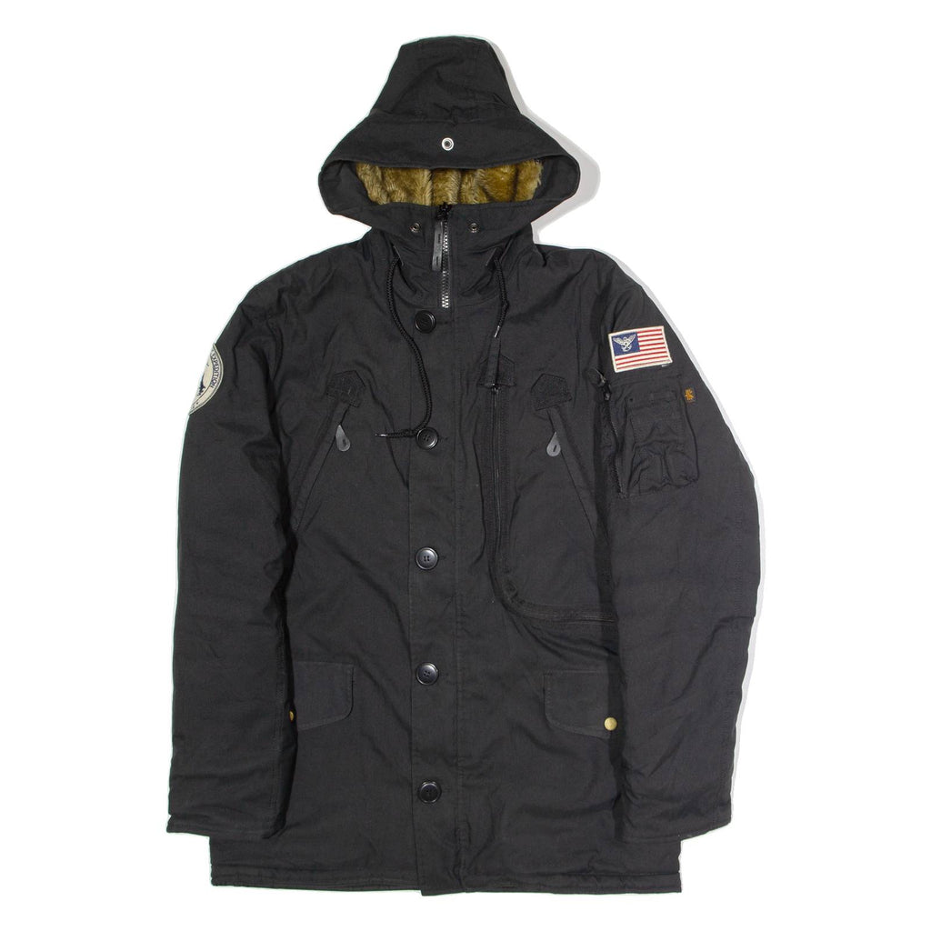 ALPHA INDUSTRIES Mens Parka Coat Black Canvas Nylon Hooded M