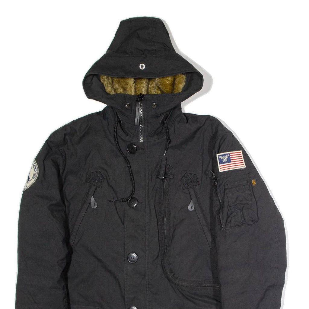 ALPHA INDUSTRIES Mens Parka Coat Black Canvas Nylon Hooded M
