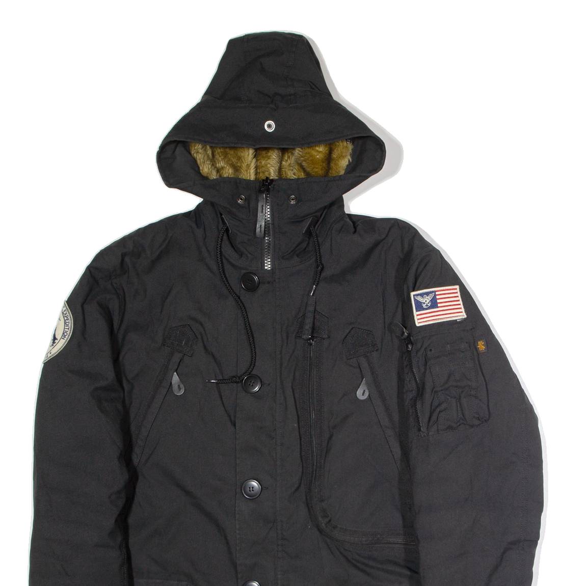 ALPHA INDUSTRIES Mens Parka Coat Black Canvas Nylon Hooded M