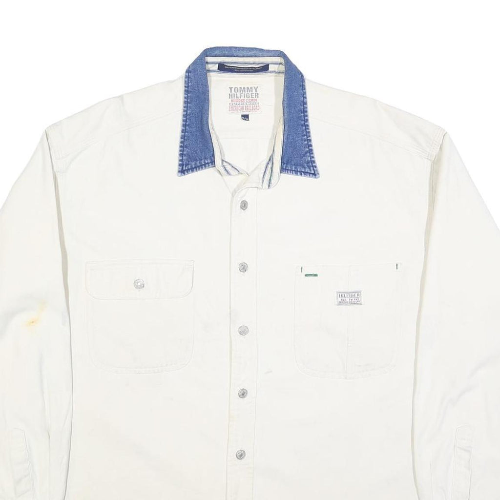 TOMMY HILFIGER Mens White & Blue Cotton Shirt XL Contrast Collar Casual