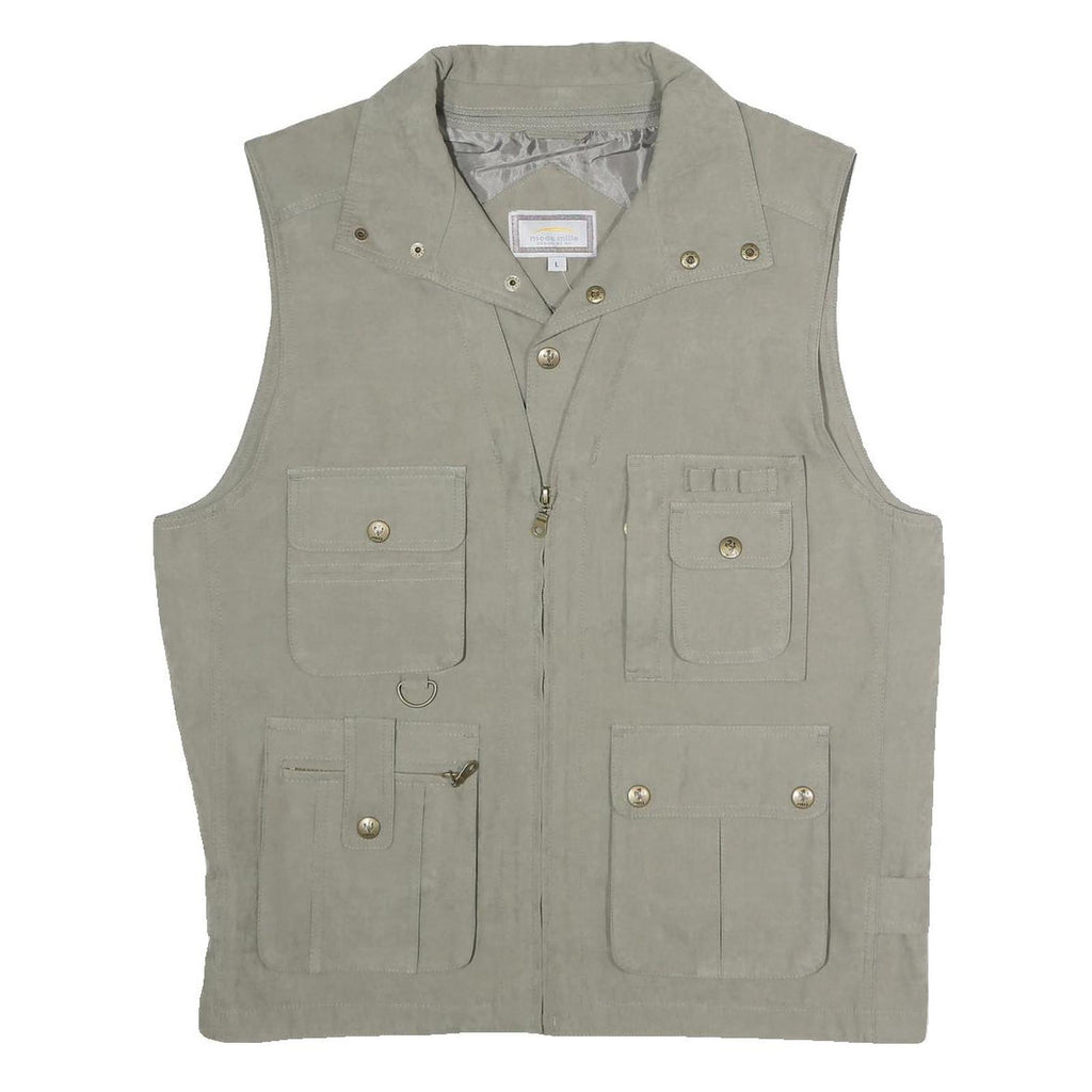 MODE MILLE Mens Beige Utility Jacket L Polyester Blend Plain Multipocket Zip