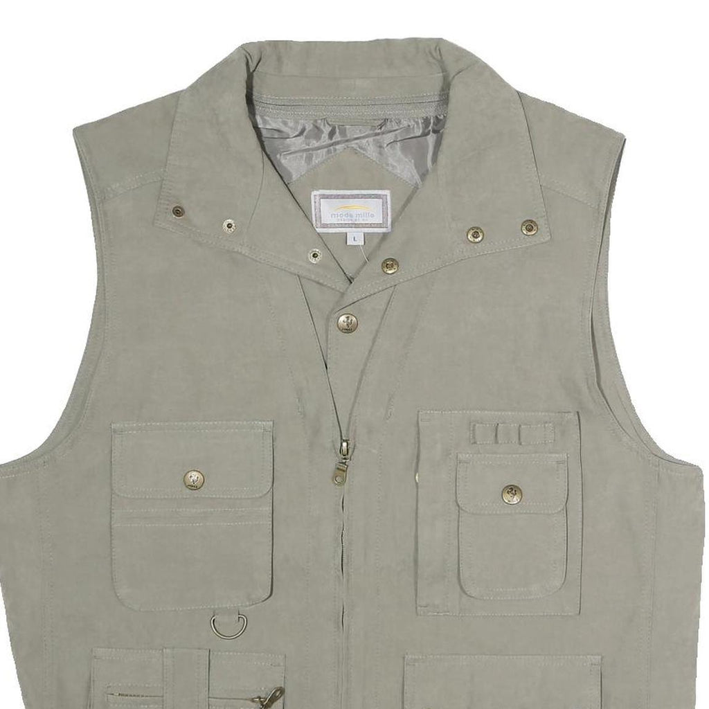 MODE MILLE Mens Beige Utility Jacket L Polyester Blend Plain Multipocket Zip