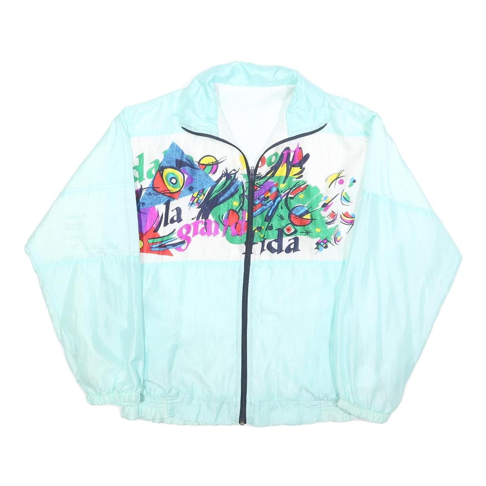 Womens White & Aqua Abstract Print Zip Jacket M Polyester Blend Retro