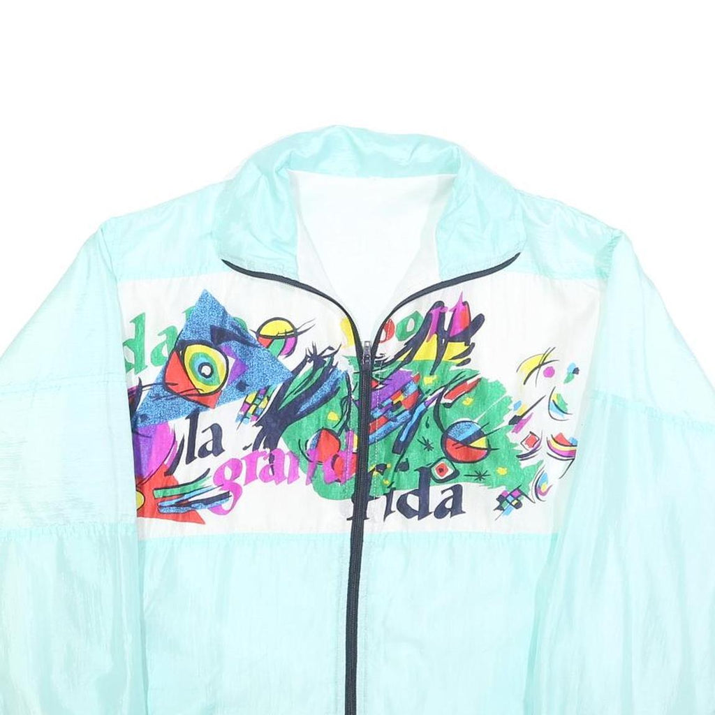 Womens White & Aqua Abstract Print Zip Jacket M Polyester Blend Retro