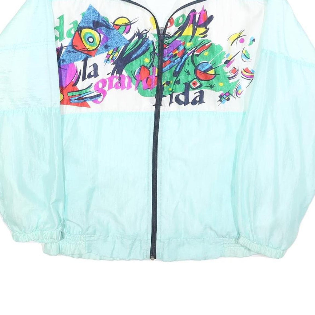 Womens White & Aqua Abstract Print Zip Jacket M Polyester Blend Retro