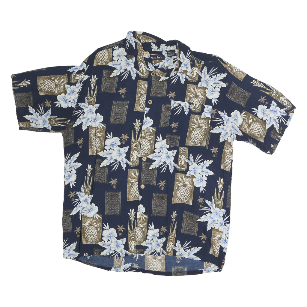 PURITAN Mens Blue & Brown Hawaiian Shirt M Cotton Floral Pattern Relaxed Fit