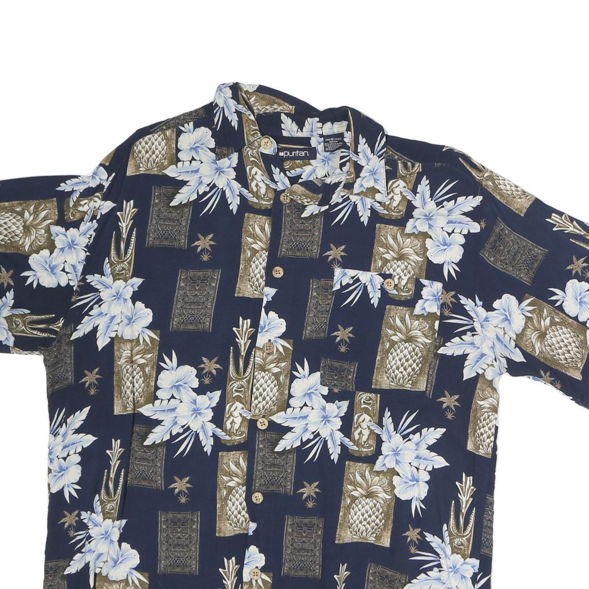 PURITAN Mens Blue & Brown Hawaiian Shirt M Cotton Floral Pattern Relaxed Fit