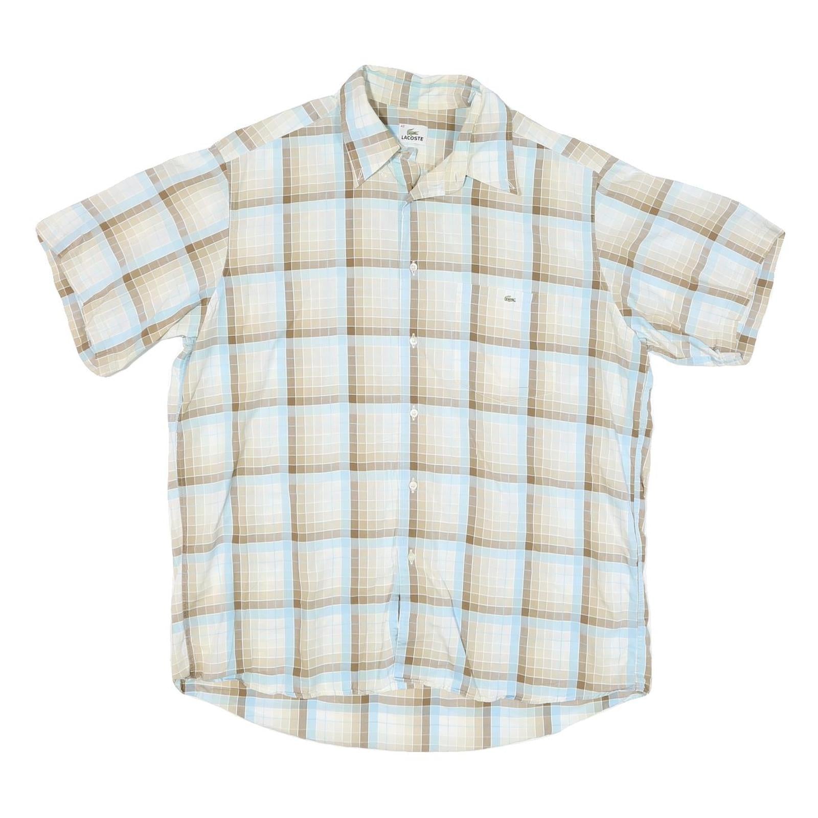 LACOSTE Mens Beige & Blue Check Shirt XL Casual Cotton Blend Short Sleeve