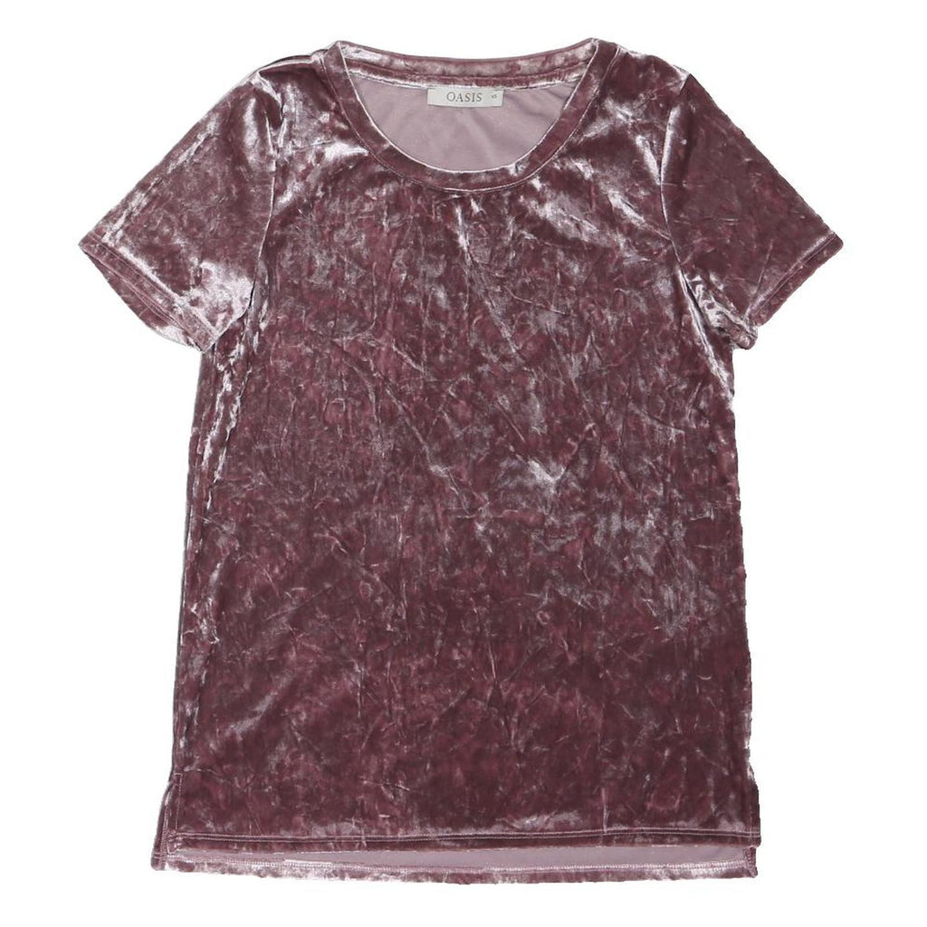 OASIS Womens Purple Velvet Basic Top Short Sleeve Round Neck XS Soft Comfortable