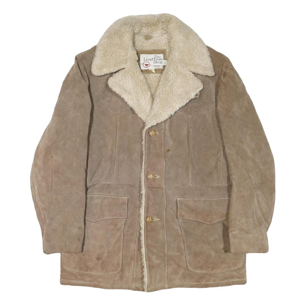 THE LEATHER SHOP Mens Beige Leather Jacket L Suede Shearling Collar Button