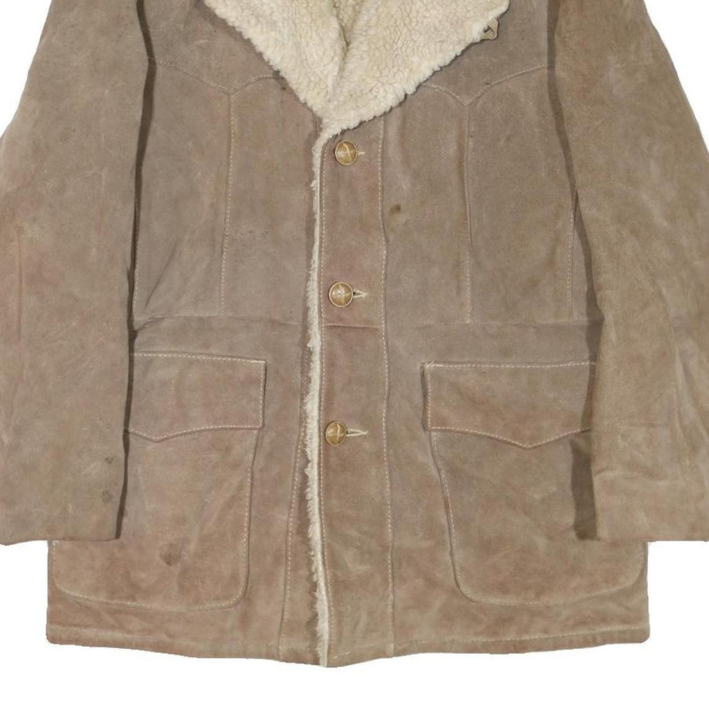 THE LEATHER SHOP Mens Beige Leather Jacket L Suede Shearling Collar Button