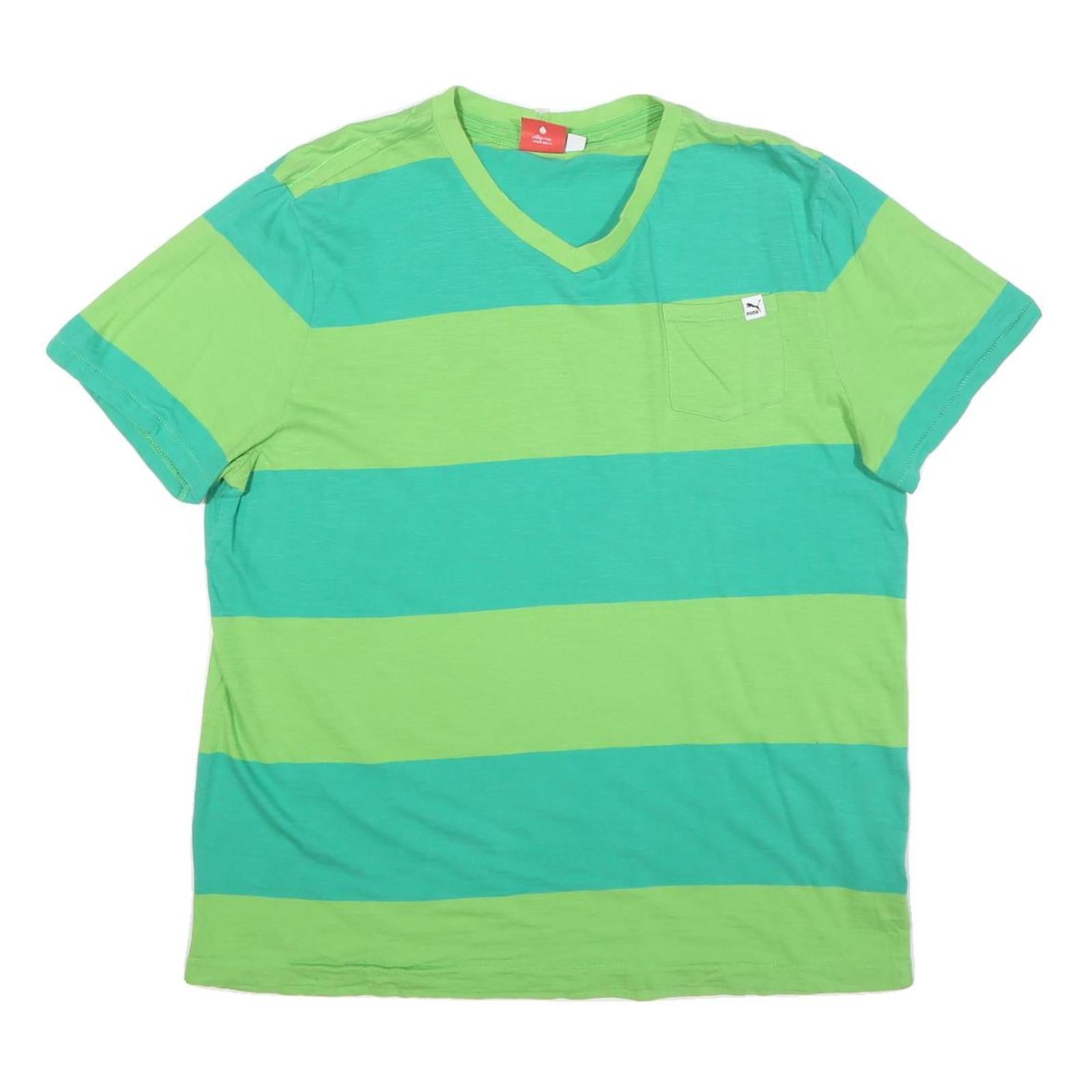PUMA Mens Green & Turquoise Striped T-Shirt L Short Sleeve V-Neck Cotton Blend