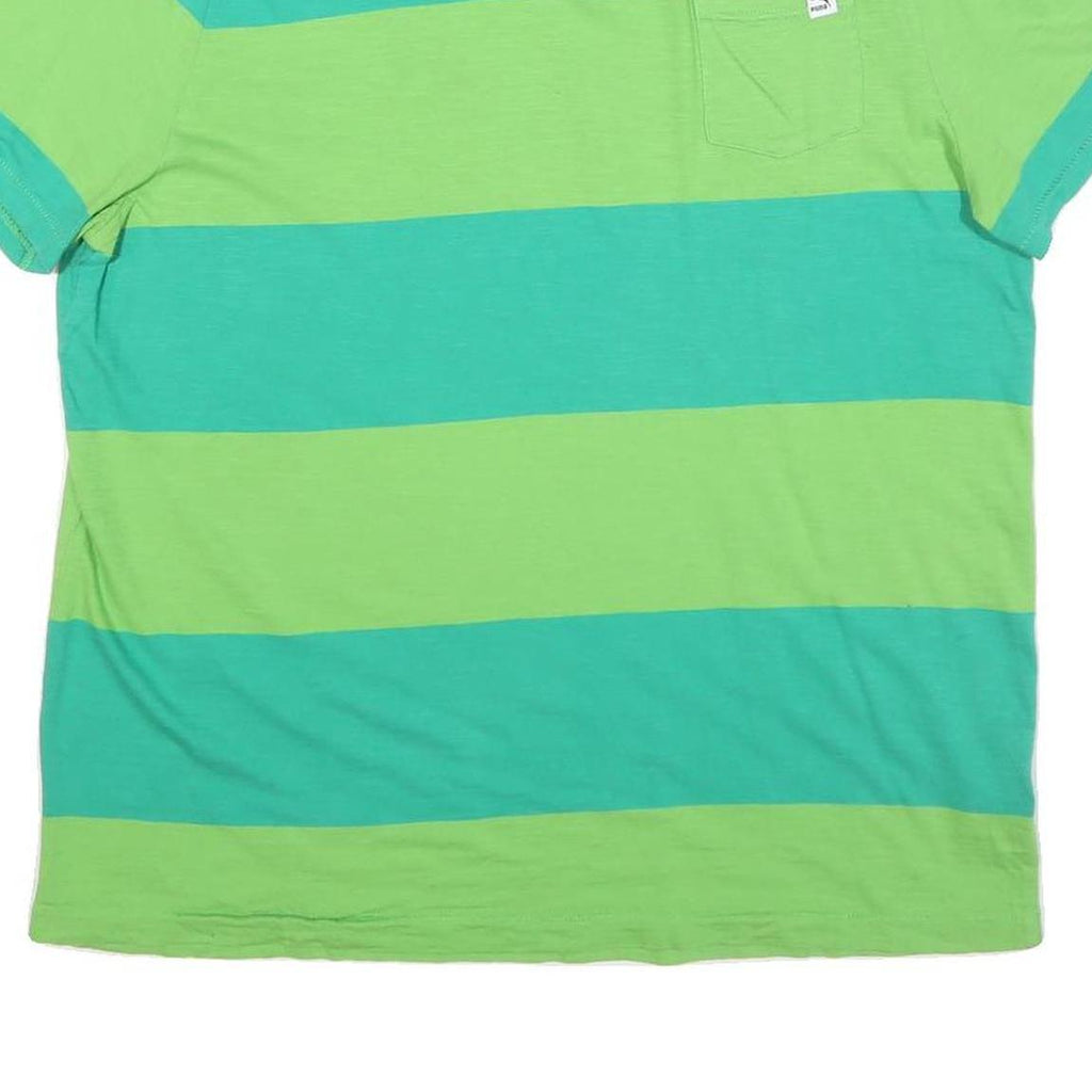 PUMA Mens Green & Turquoise Striped T-Shirt L Short Sleeve V-Neck Cotton Blend
