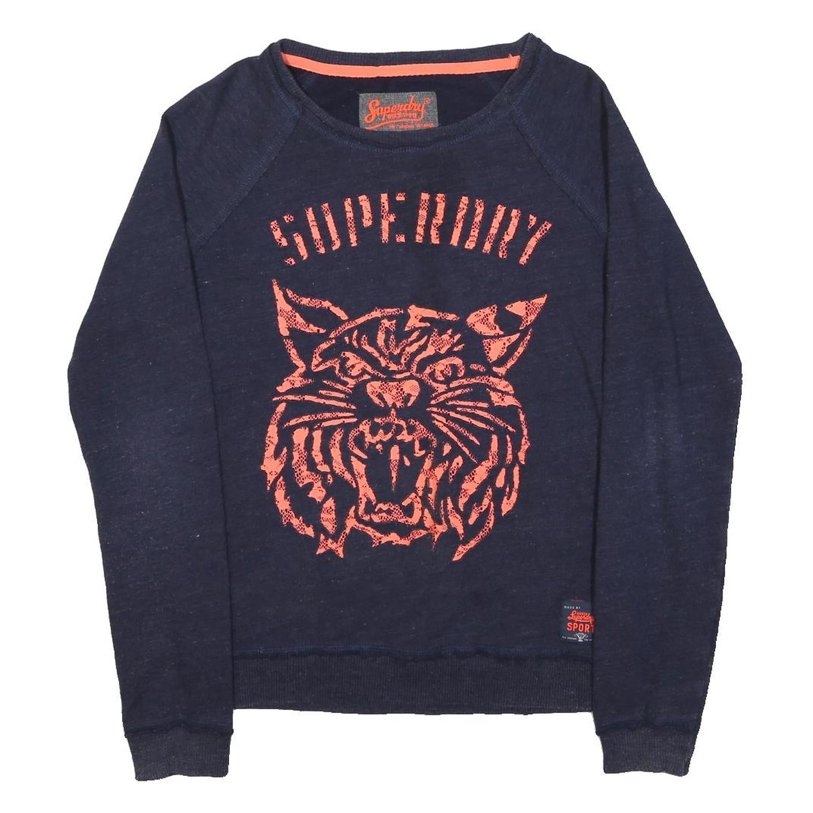 SUPERDRY Womens Navy Blue Cotton Blend Crew Neck S Tiger Graphic Sweatshirt