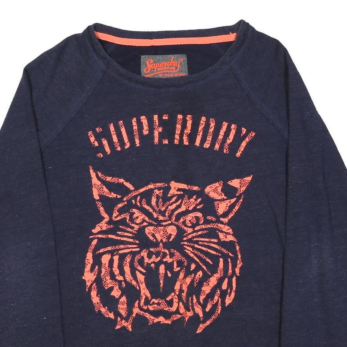 SUPERDRY Womens Navy Blue Cotton Blend Crew Neck S Tiger Graphic Sweatshirt
