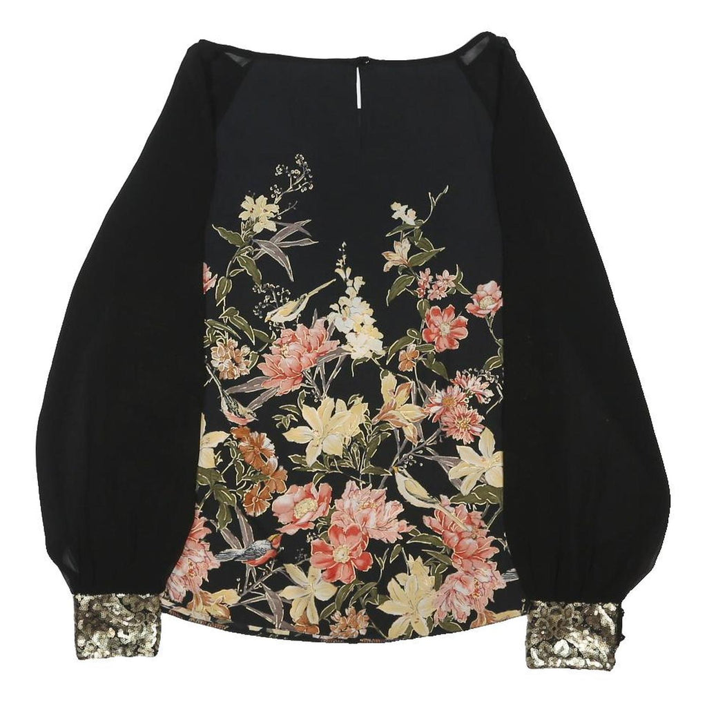 WALLIS Womens Black Floral Print Blouse Long Sleeve Round Neck S Elegant Top