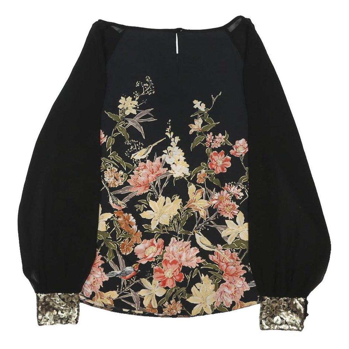 WALLIS Womens Black Floral Print Blouse Long Sleeve Round Neck S Elegant Top
