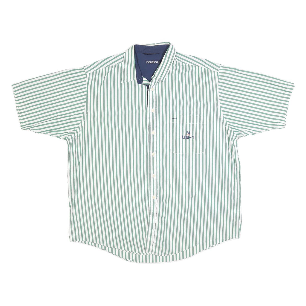 NAUTICA Mens Green & White Striped Shirt XL Cotton Casual Short Sleeve
