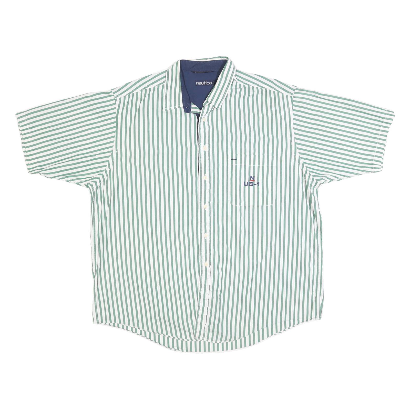 NAUTICA Mens Green & White Striped Shirt XL Cotton Casual Short Sleeve