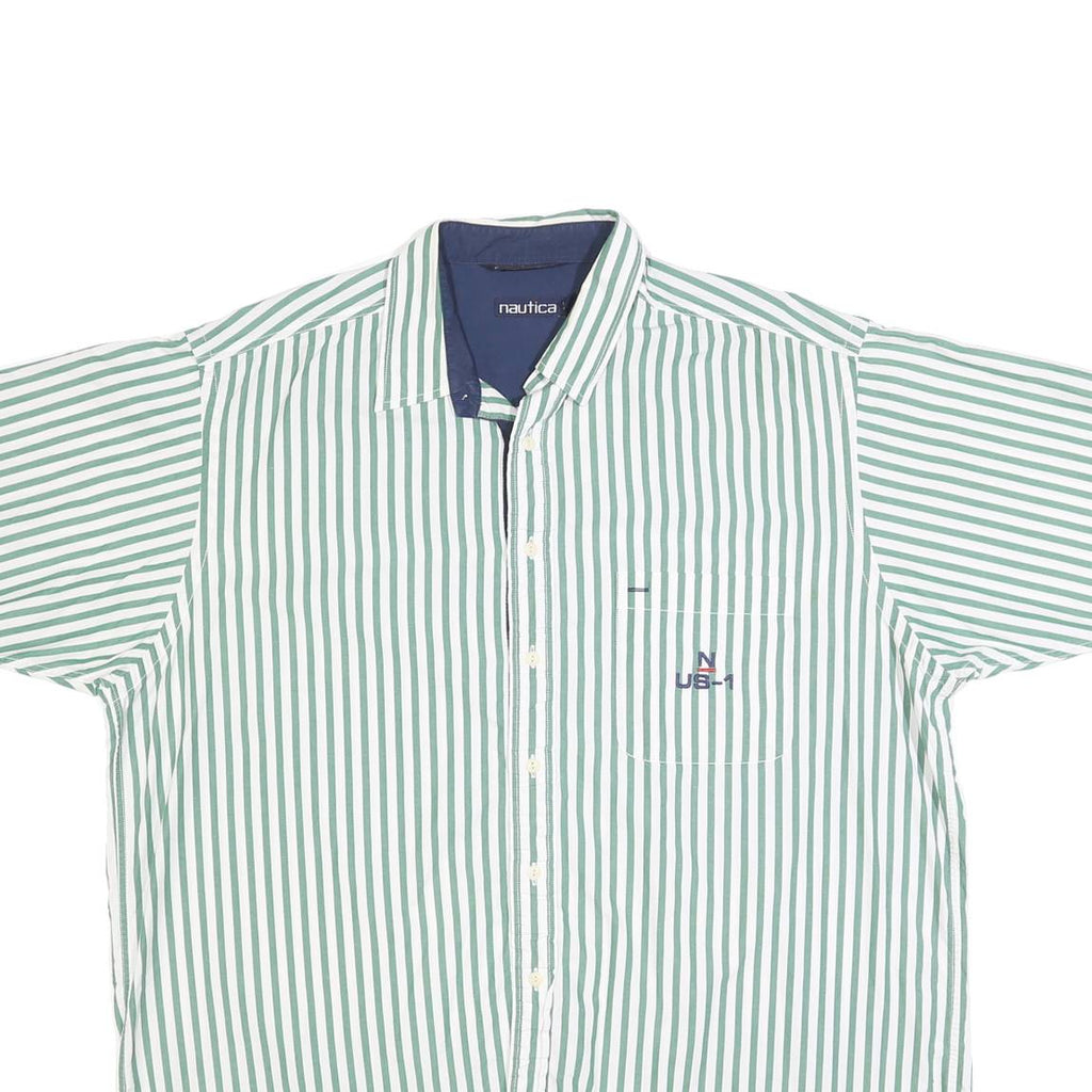 NAUTICA Mens Green & White Striped Shirt XL Cotton Casual Short Sleeve