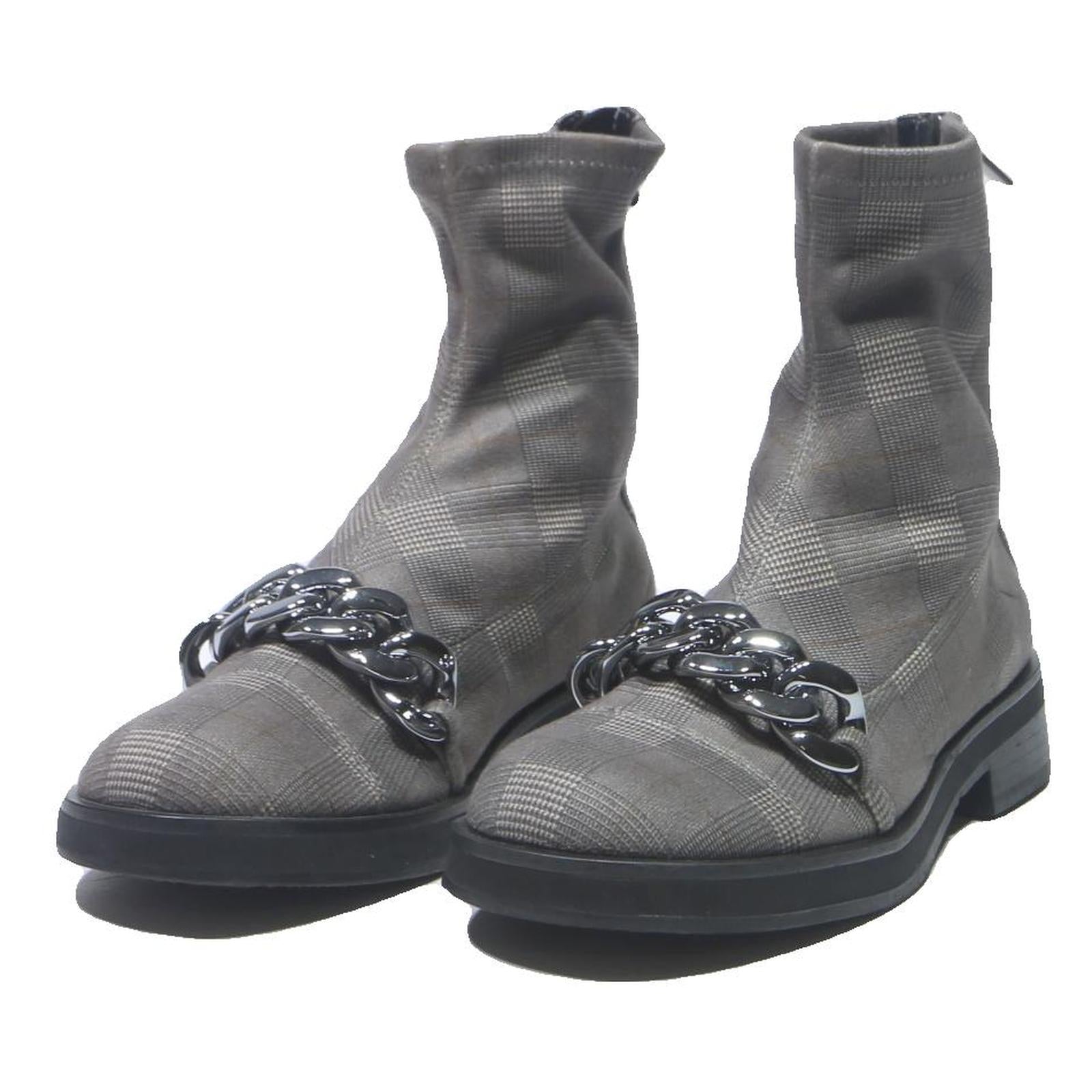 CHARLES & KEITH Womens Ankle Boots Grey Cotton Blend UK 3 Chain Detail Fashion