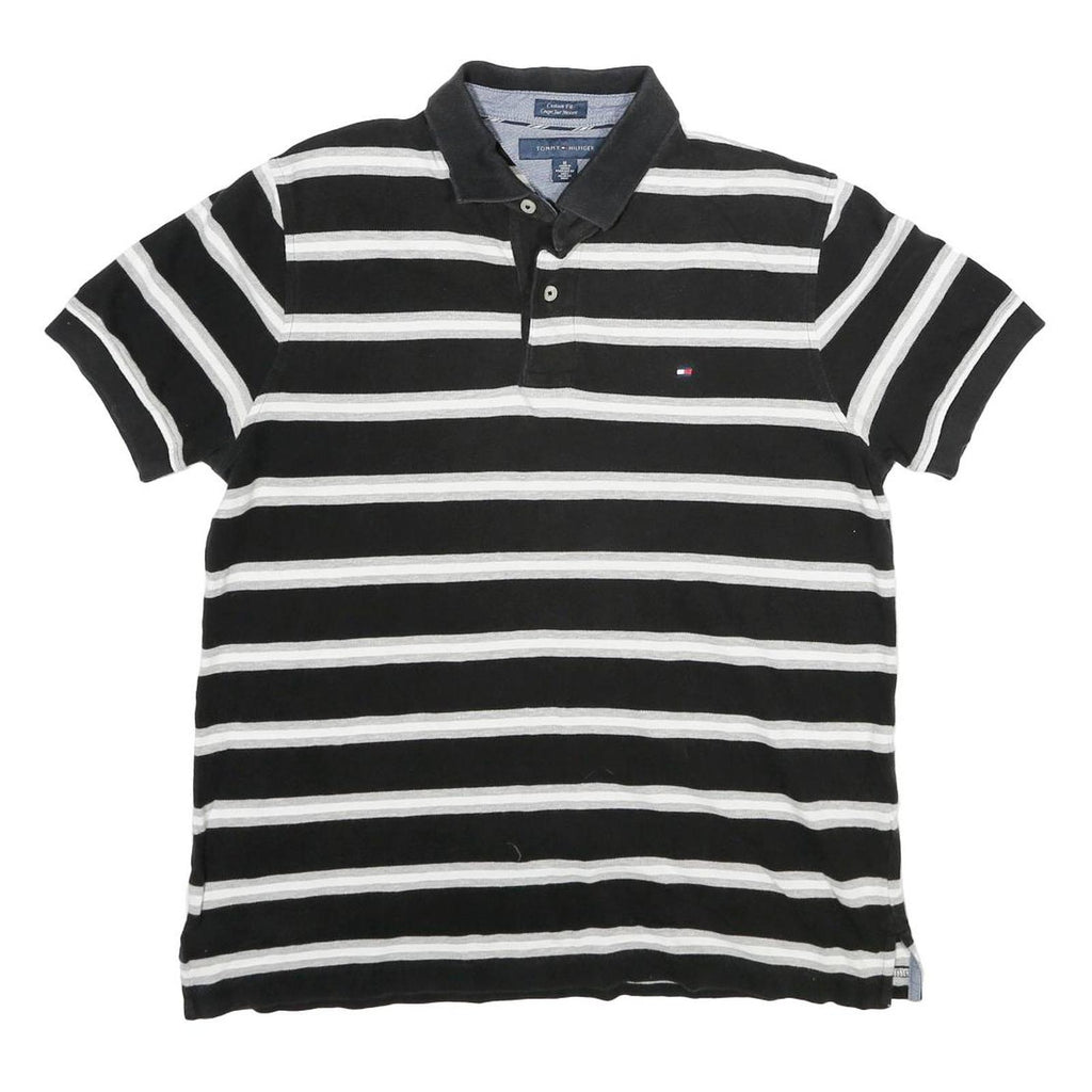 TOMMY HILFIGER Mens Black & White Striped Short Sleeve Polo Shirt M Cotton