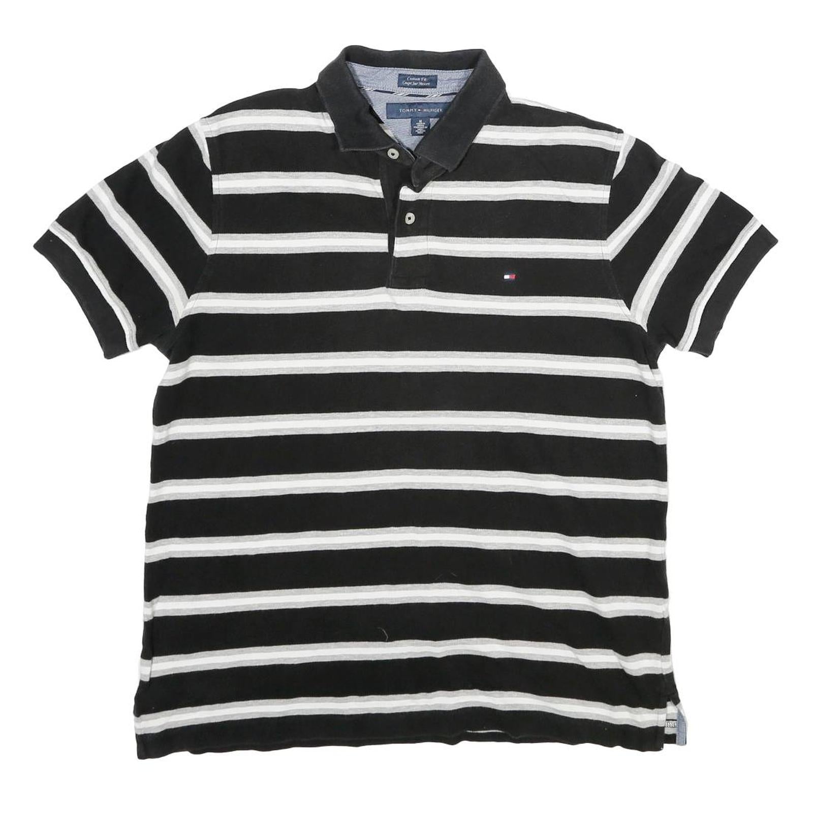 TOMMY HILFIGER Mens Black & White Striped Short Sleeve Polo Shirt M Cotton