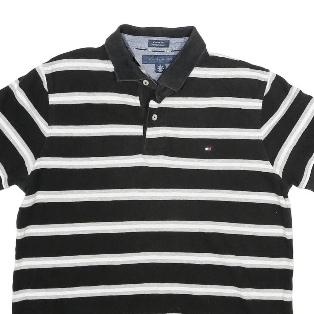 TOMMY HILFIGER Mens Black & White Striped Short Sleeve Polo Shirt M Cotton