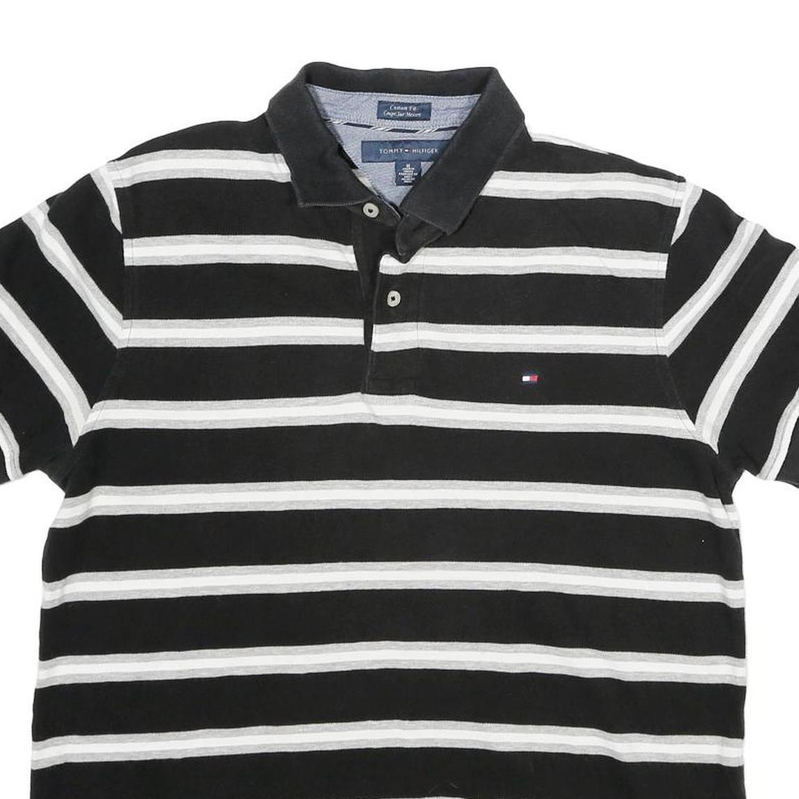 TOMMY HILFIGER Mens Black & White Striped Short Sleeve Polo Shirt M Cotton