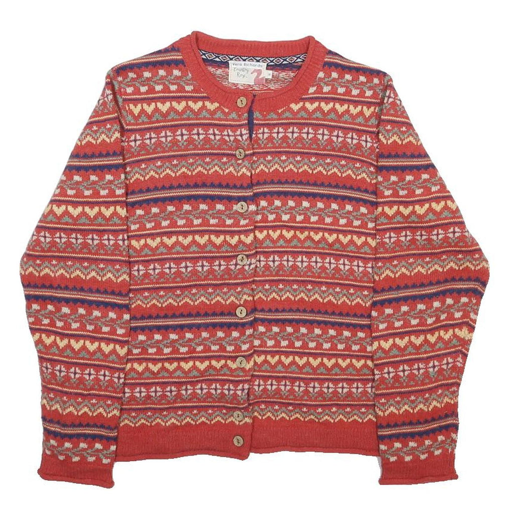 COUNTRY ROSE Womens Red Patterned Knitted Button Up Crew Neck Jumper M Acrylic
