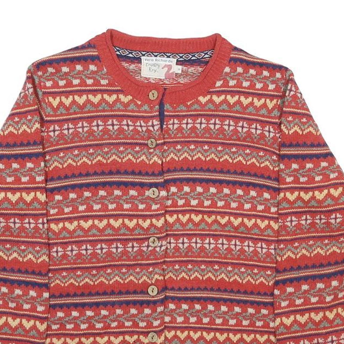 COUNTRY ROSE Womens Red Patterned Knitted Button Up Crew Neck Jumper M Acrylic