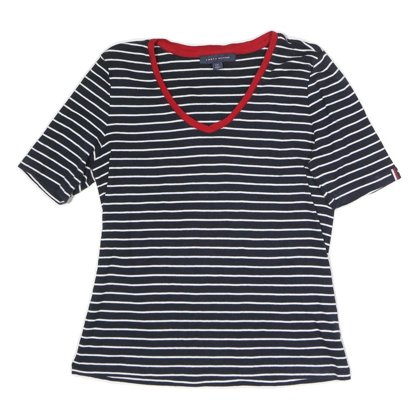 TOMMY HILFIGER Womens Blue & White Striped Top Short Sleeve V-Neck L Cotton
