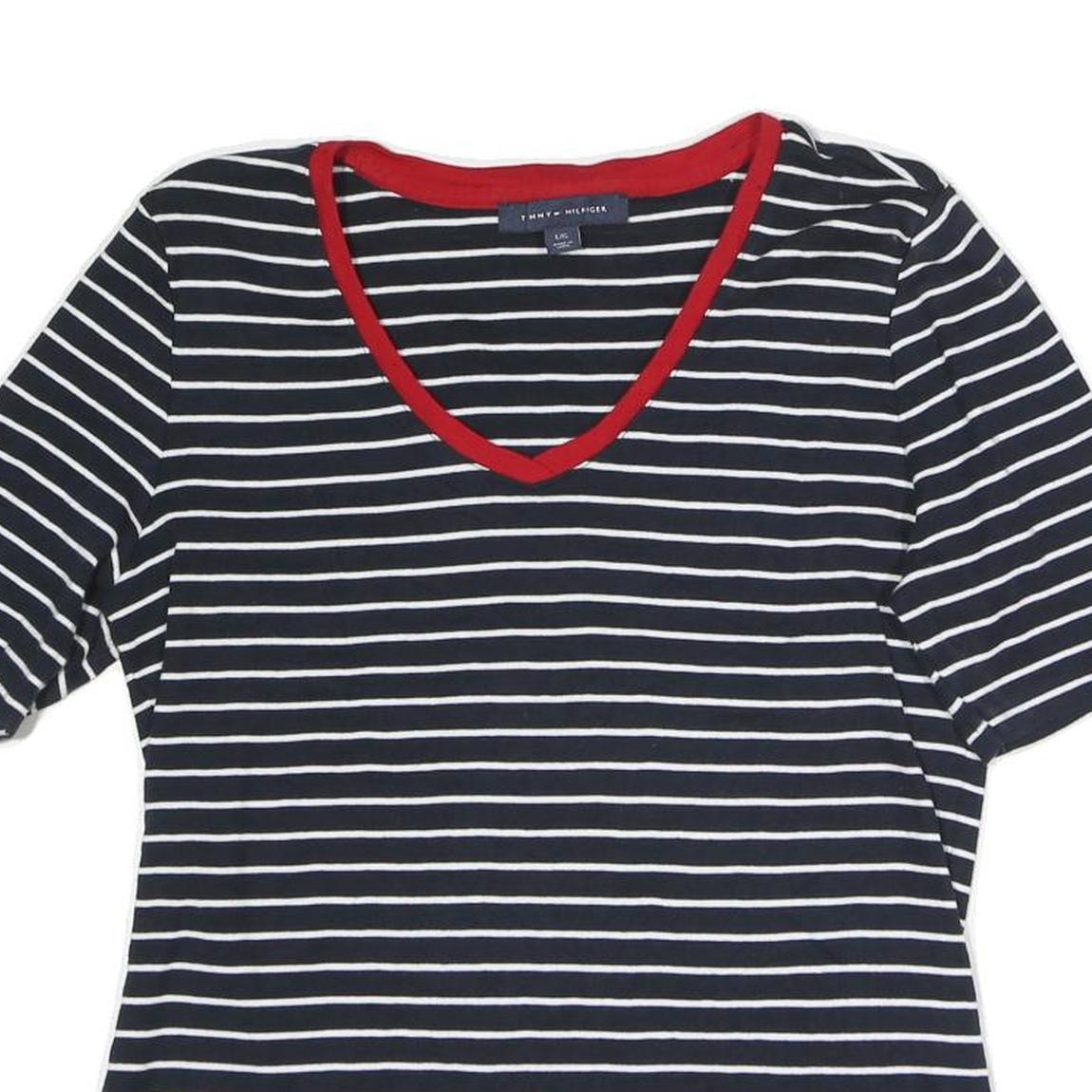 TOMMY HILFIGER Womens Blue & White Striped Top Short Sleeve V-Neck L Cotton